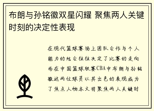 布朗与孙铭徽双星闪耀 聚焦两人关键时刻的决定性表现