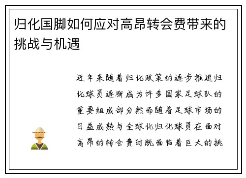 归化国脚如何应对高昂转会费带来的挑战与机遇