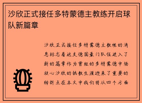 沙欣正式接任多特蒙德主教练开启球队新篇章